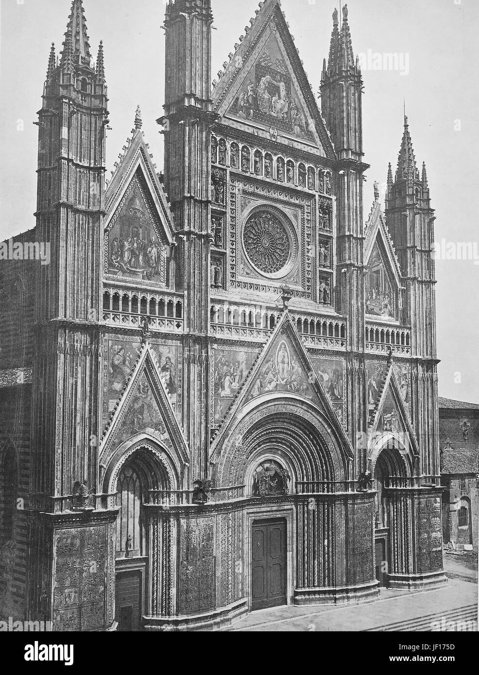 Historisches Foto von Orvieto Orvieto Kathedrale Duomo di Orvieto, Cattedrale di Santa Maria Assunta, eine große 14. Jahrhundert römisch-katholische Kathedrale der Himmelfahrt der Jungfrau Maria, Umbrien, Italien gewidmet, verbesserte digitale Reproduktion aus einer Originalgraphik von 1890 Stockfoto