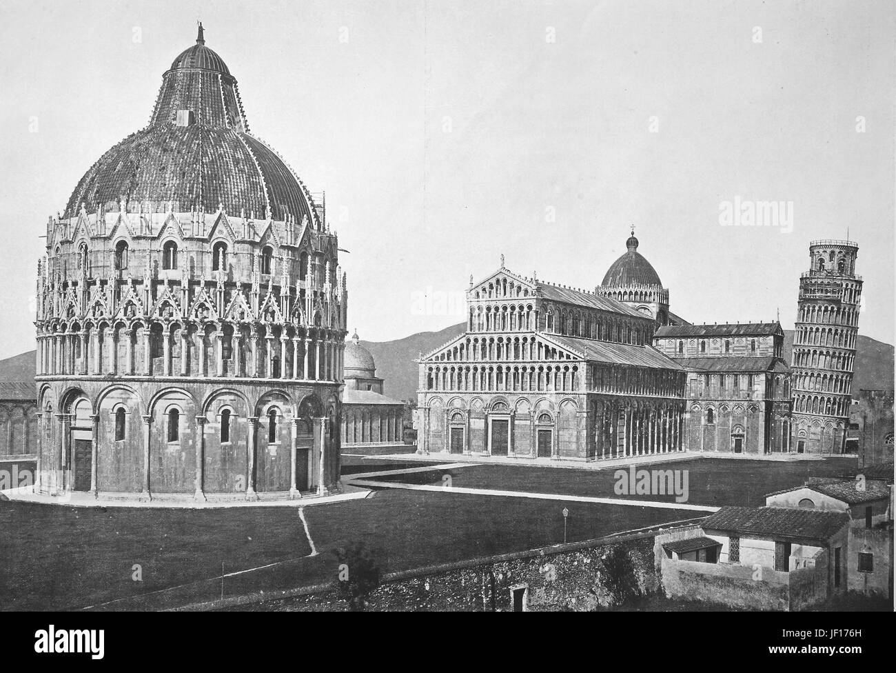 Historisches Foto von Pisa, Blick auf die Piazza dei Miracoli, schiefe Turm von Pisa und Baptisterium, Toskana, Italien, verbesserte digitale Reproduktion aus einer Originalgraphik von 1890 Stockfoto