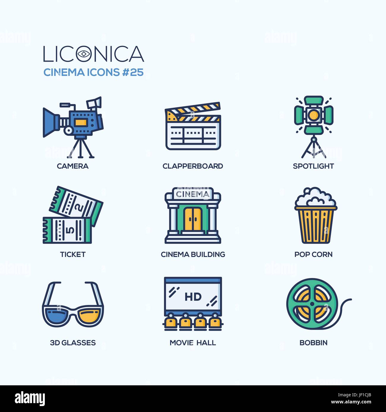 Kino - set moderne Vektor flache Linie Design-Ikonen. Kamera, Klappe, Scheinwerfer, Ticket, Gebäude, Popcorn, 3d Brille, Movie Hall, Spule. Film-y Stock Vektor Kino - set moderne Vektor flache Linie Design-Ikonen. Kamera, Klappe, Scheinwerfer, Ticket, Gebäude, Popcorn, 3d Brille, Movie Hall, Spule. Film-y Stock Vektor
