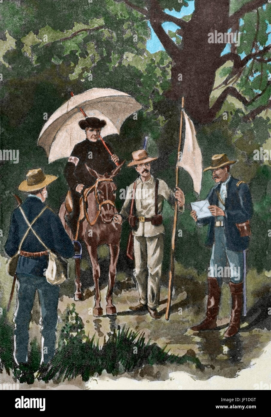 Spanisch-Amerikanischen Krieges zwischen Spanien und den USA im Jahr 1898 durch die US-Intervention in den kubanischen Unabhängigkeitskrieg. Die erste Flagge der Waffenstillstand nach der Schlacht von El Caney (Kuba). Weiße Fahne in den Yankee-Linien. Gravur. "La Ilustración Iberíca', 1898. Farbige. Stockfoto
