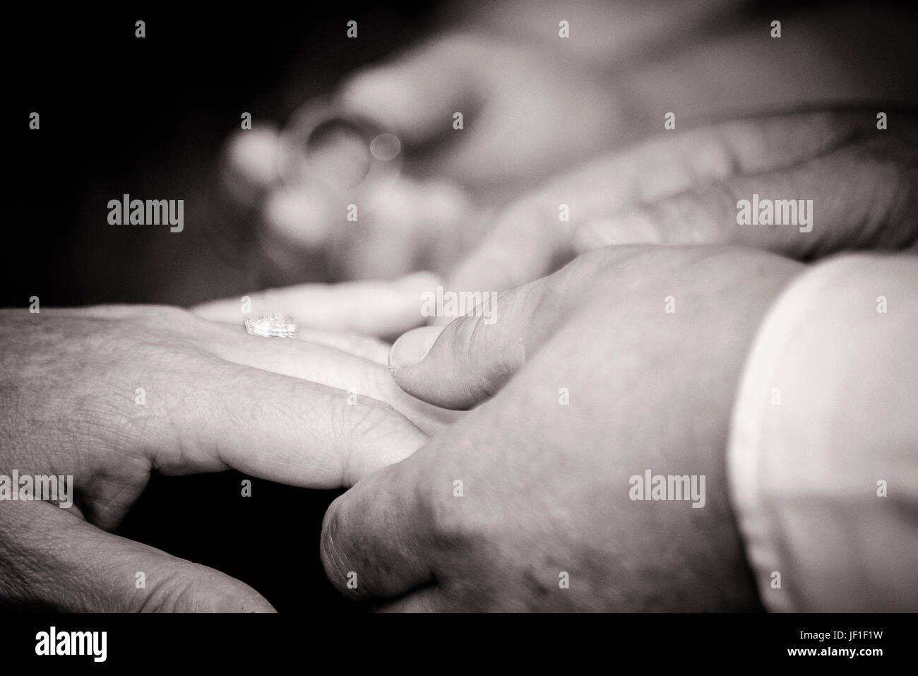 Ein Officiant bereitet zur hand einen Ehering, den Bräutigam zu sein während einer Trauung. Stockfoto