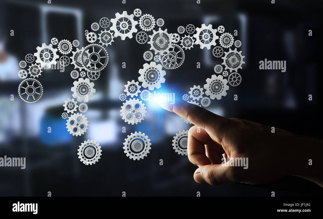 Geschäftsmann auf unscharfen Hintergrund berühren Fragezeichen Getriebe 3D-Rendering Stockfoto