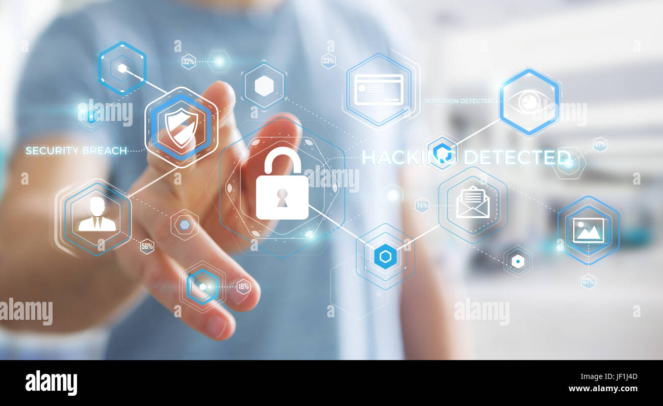 Geschäftsmann auf unscharfen Hintergrund mit antivirus, ein Cyber-Angriff 3D Rendering zu blockieren Stockfoto