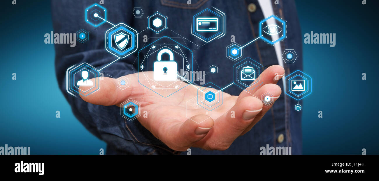 Geschäftsmann auf unscharfen Hintergrund mit antivirus, ein Cyber-Angriff 3D Rendering zu blockieren Stockfoto