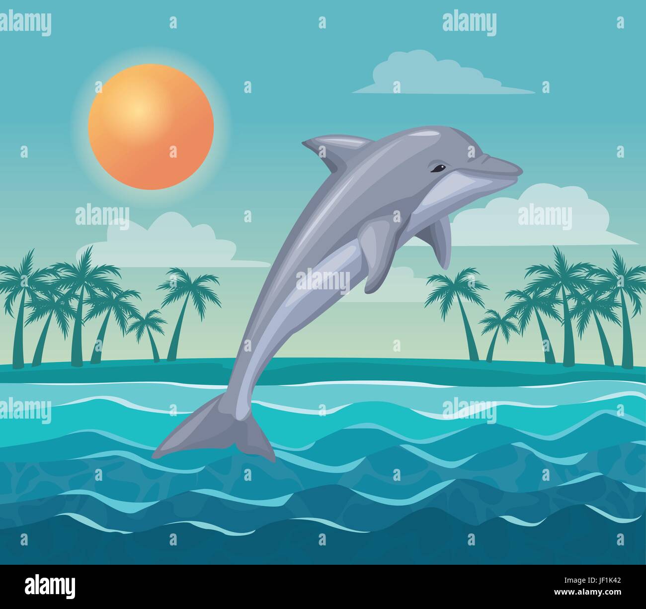 bunte Poster Himmel Landschaft von Palmen am Strand und Delphin springen in den Wellen Stock Vektor