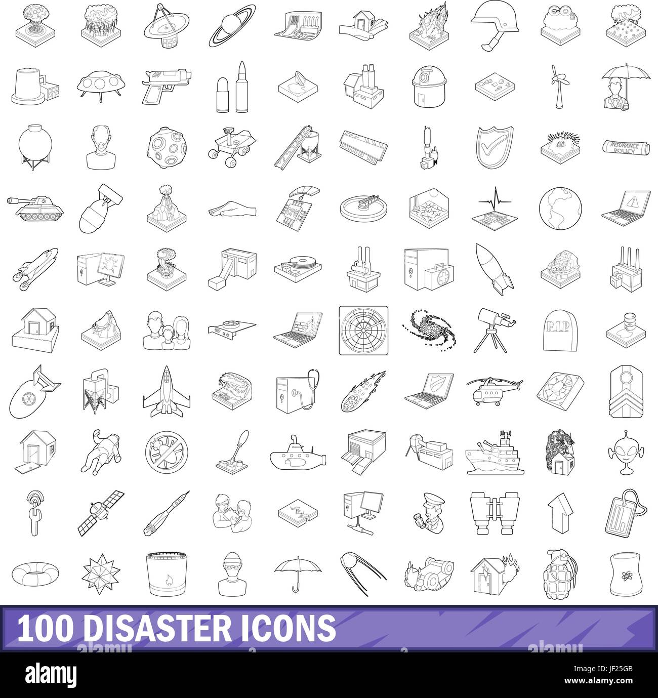 100 Katastrophe Icons Set, Umriss-Stil Stock Vektor