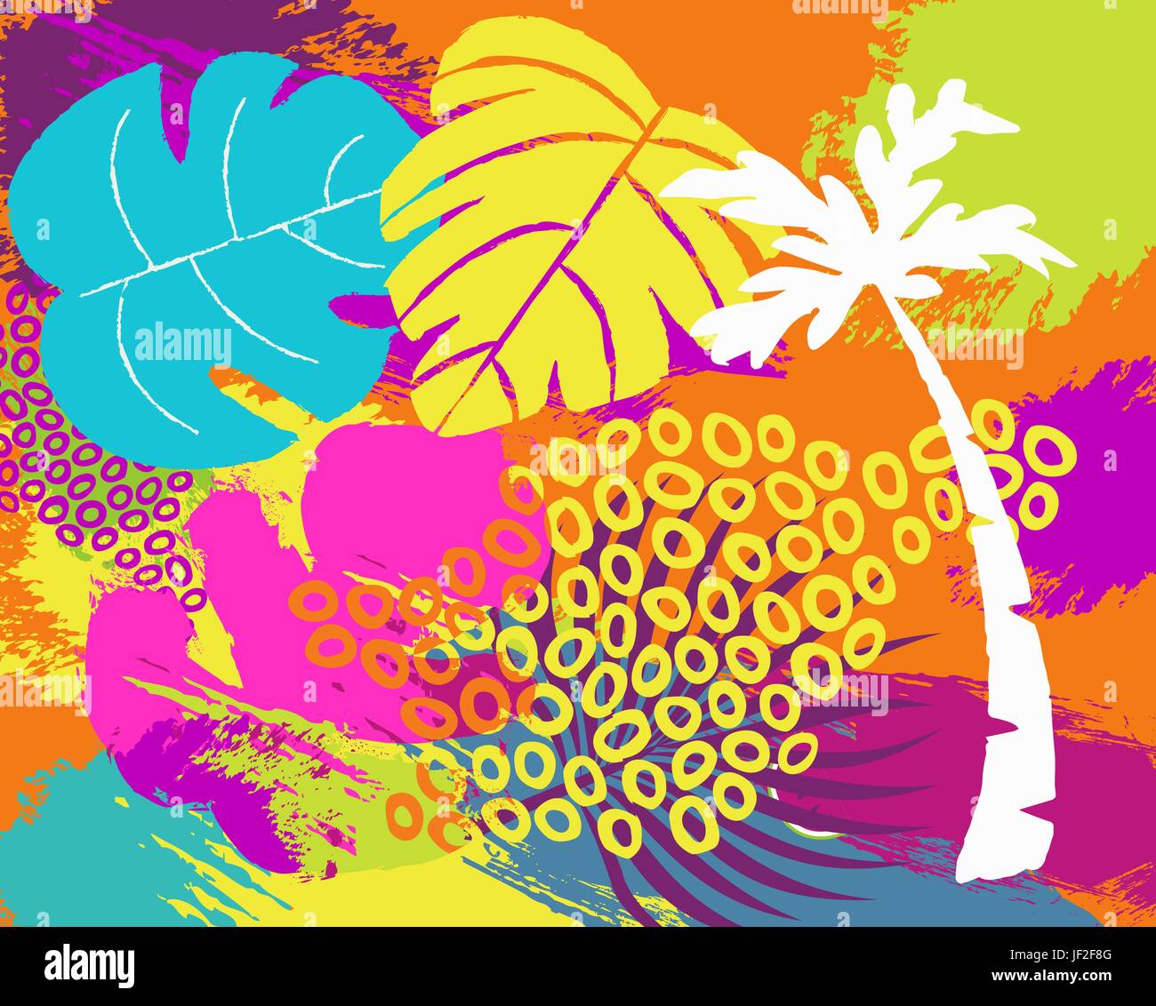 Tropischer Sommer Abbildung mit Dschungelpflanzen, Palm-Baum-Blatt und lebendige Farben abstrakt hand gezeichnete Kritzeleien. EPS10 Vektor. Stock Vektor