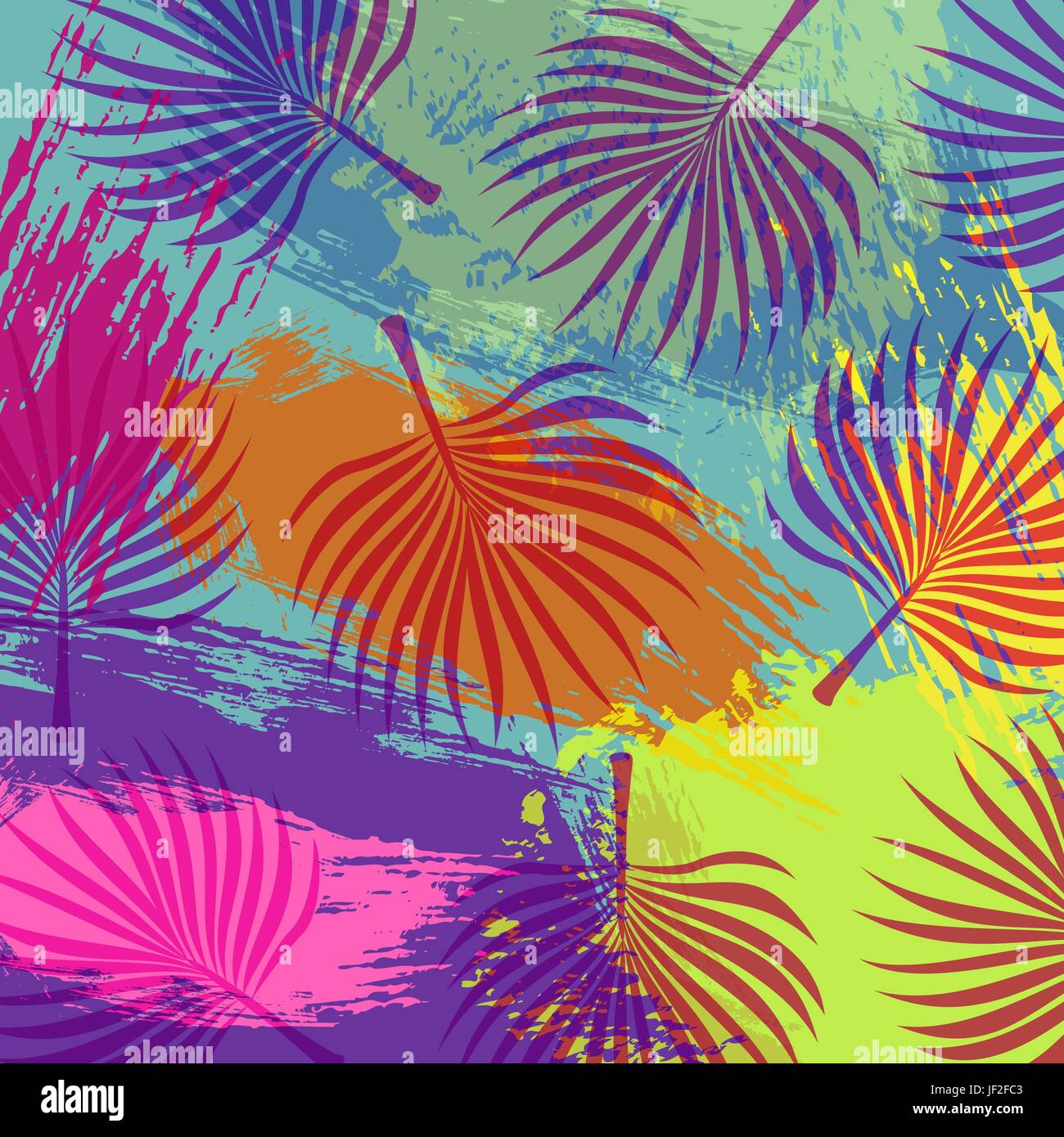 Tropischer Sommer Hintergrund leuchtende Farben Kunst mit Dschungel Palmenblättern und Wassermelone Eis Illustration. EPS10 Vektor. Stock Vektor