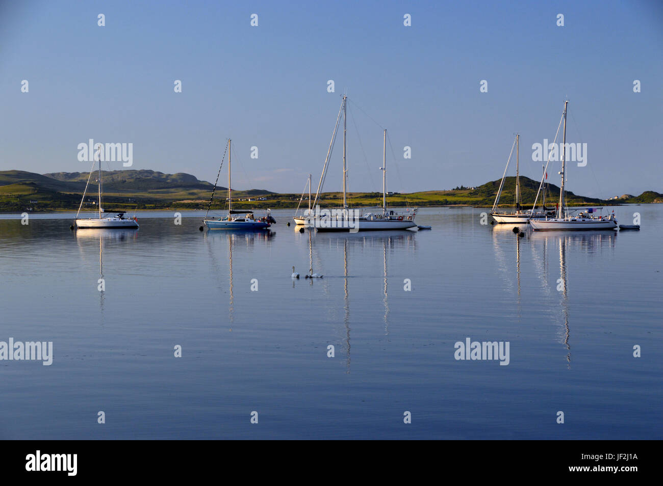 Fünf Boote ankern in Merchiston, Small Isles Bay auf der Isle of Jura in den schottischen Inseln, Schottland, Vereinigtes Königreich. Stockfoto