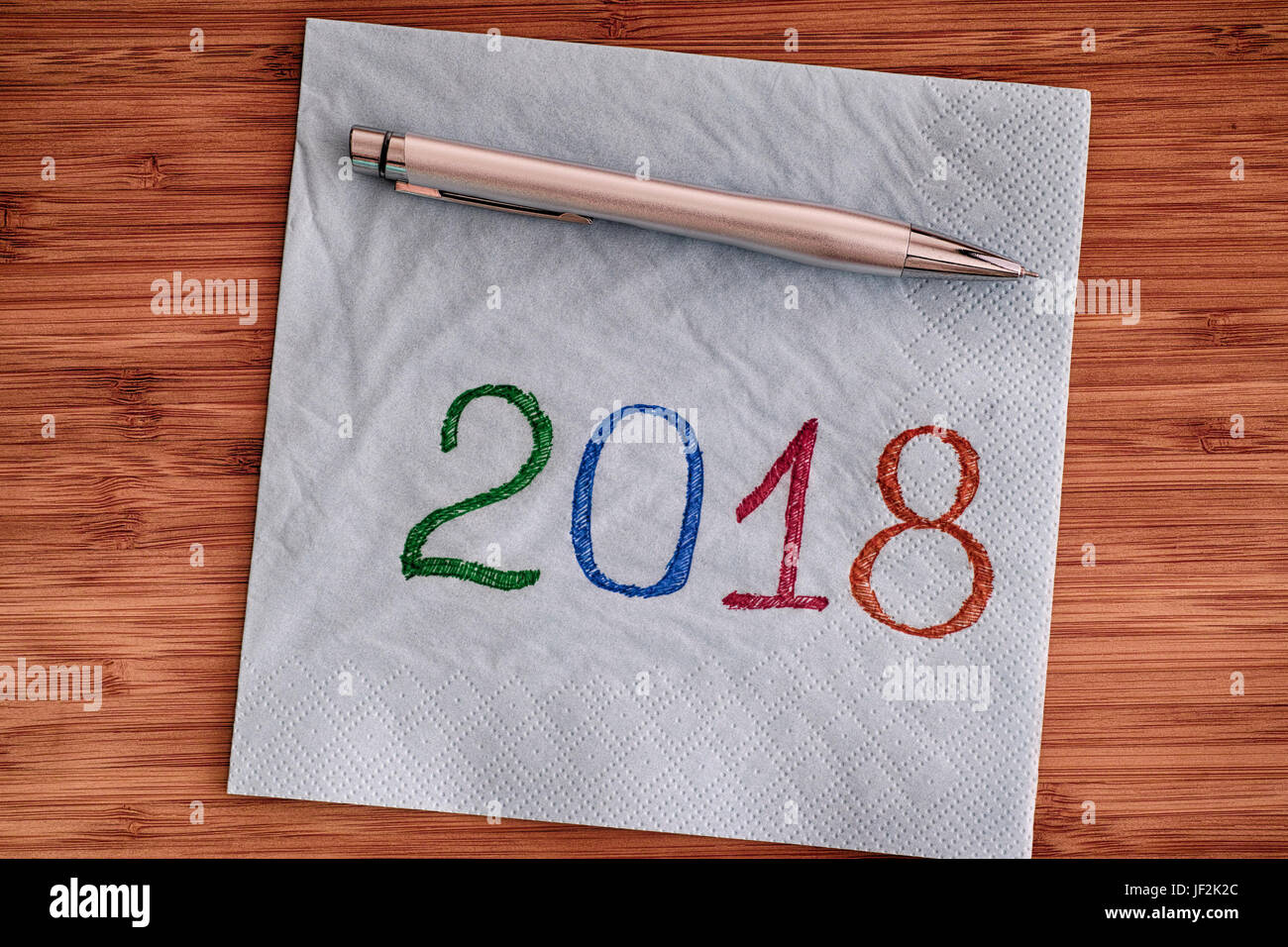 2018 Handschrift auf einer Serviette. Hautnah. Stockfoto