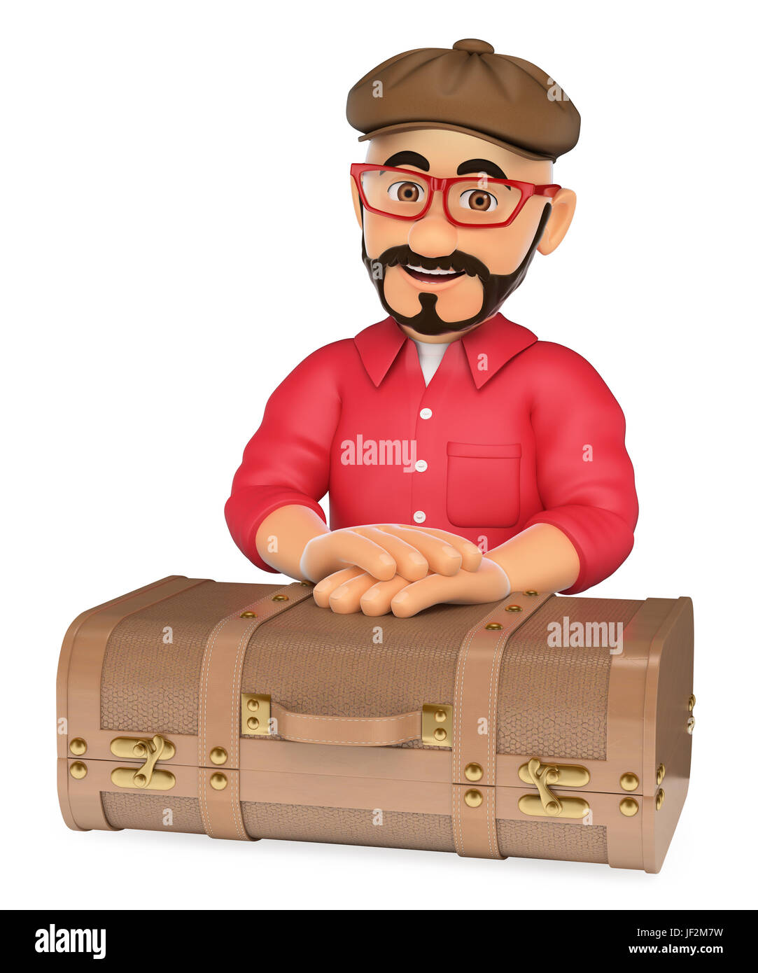 3D-Illustration junger Menschen. Alternative Mann mit einem Vintage Koffer. Isolierten weißen Hintergrund. Stockfoto