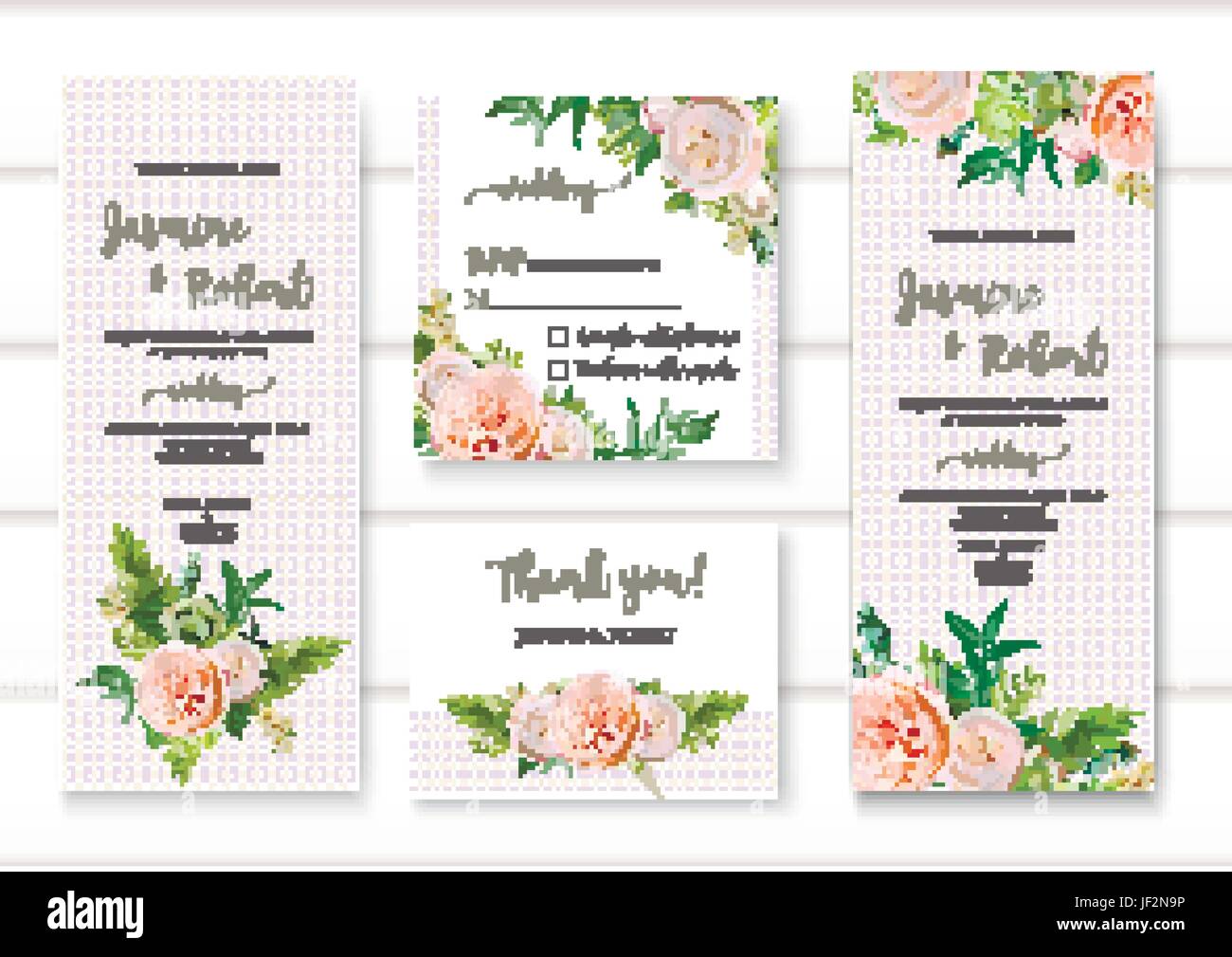 Hochzeitseinladung, floral Einladung Karte mit rosa Garten rose grünen saftigen Kakteen, Blumen, saisonale Pflanzen mischen romantische Vorlagen. Vektor anniversa Stock Vektor