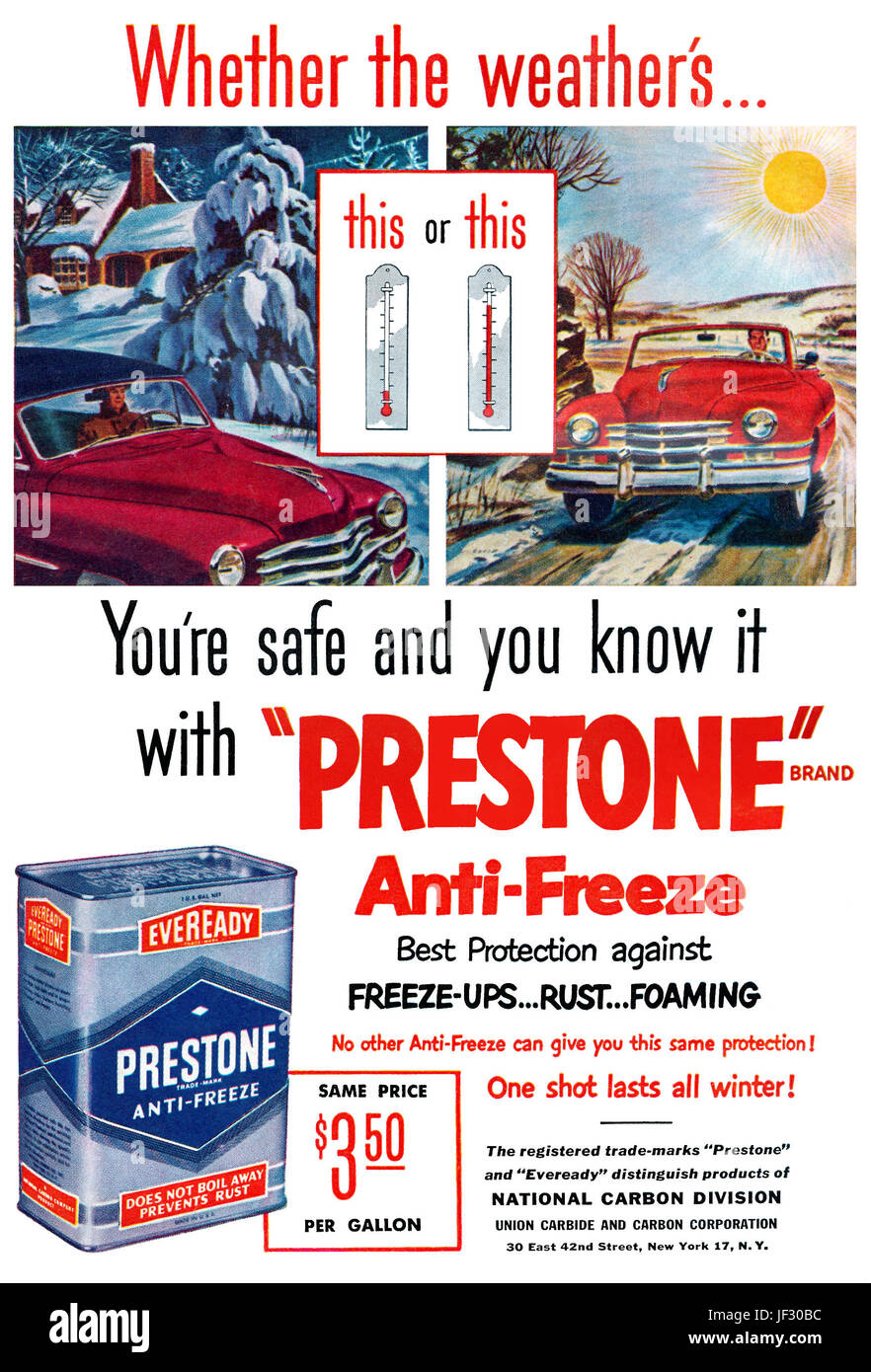 1950 USA Werbung für Prestone Frostschutzmittel von Eveready. Stockfoto