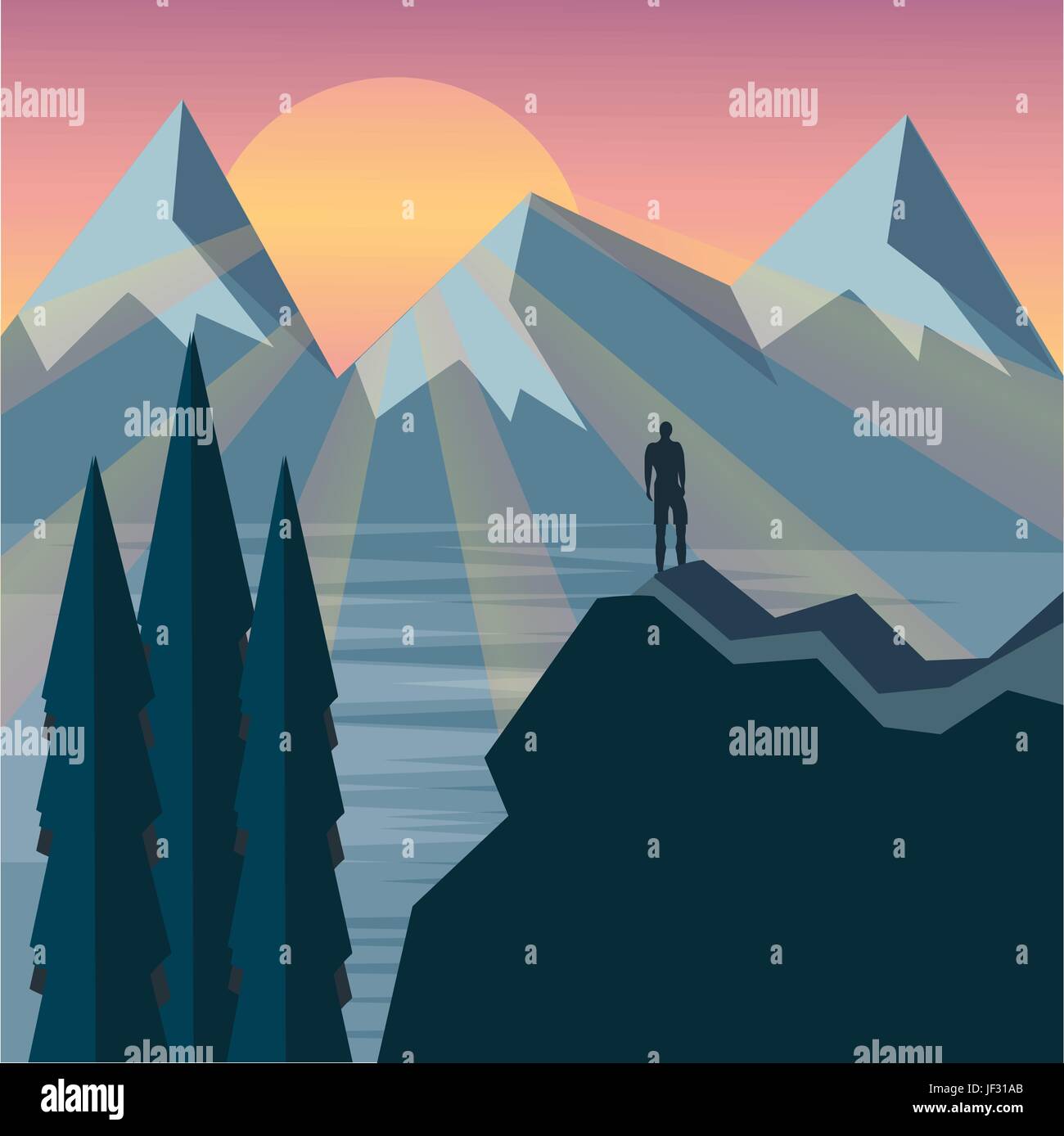 Mann auf dem Hügel beobachtete wunderbare Szenerie in Bergen im Sommer bunte Sonnenaufgangszeit Stock Vektor