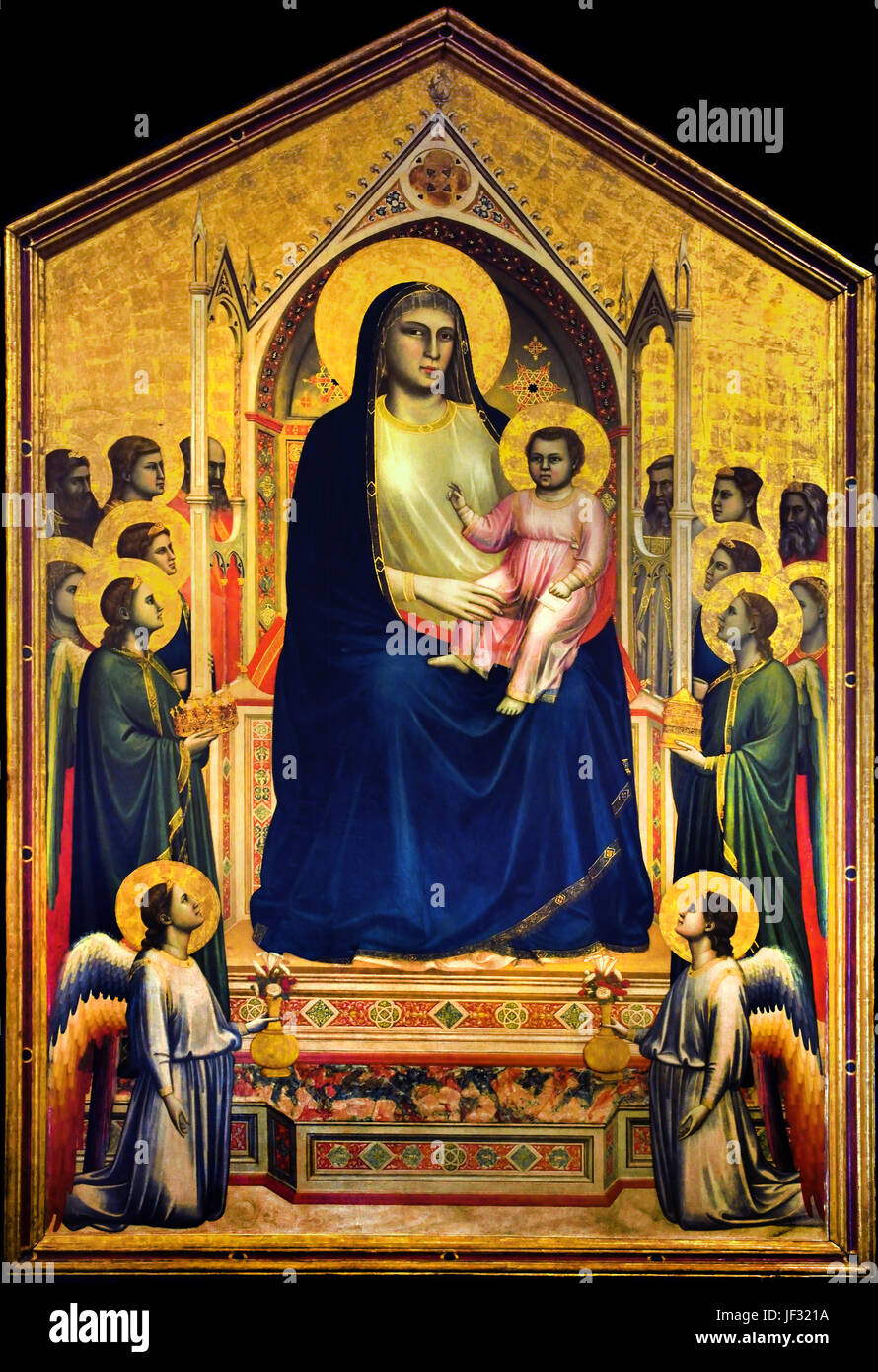 Madonna und Kind mit Engeln und Heiligen 1306 Giotto di Bondone 1266 inthronisiert/7 –1337 Giotto - Giottus war ein italienischer Maler und Architekten von Florenz während des Spätmittelalters. Italien Stockfoto