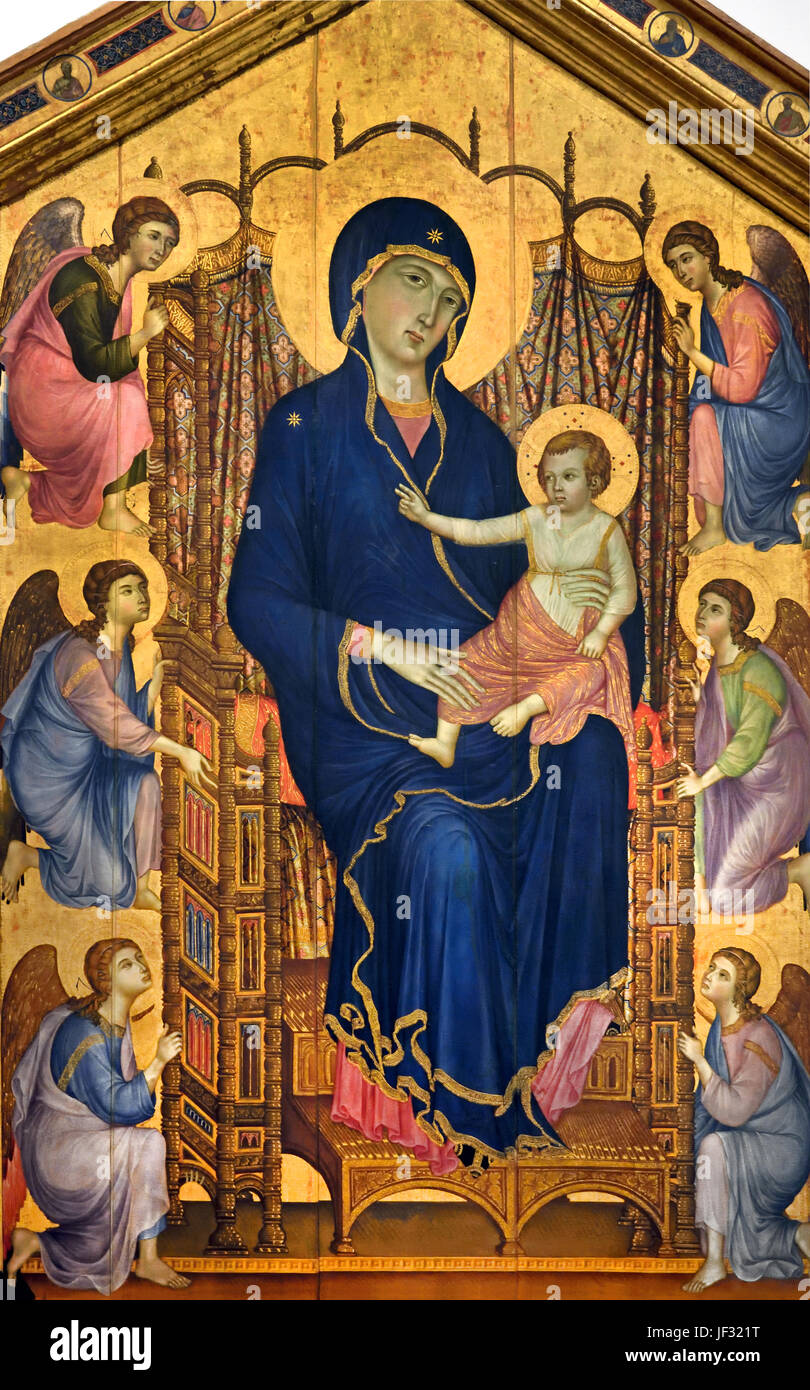 La Madonna Rucellai 1285 Duccio di Boninsegna 1278-1311 ( das Tafelbild der Madonna von Rucellai, das die Jungfrau und das Kind auf dem Thron der Engel darstellt, vom Sieneser Maler Duccio di Buoninsegna. ) Stockfoto