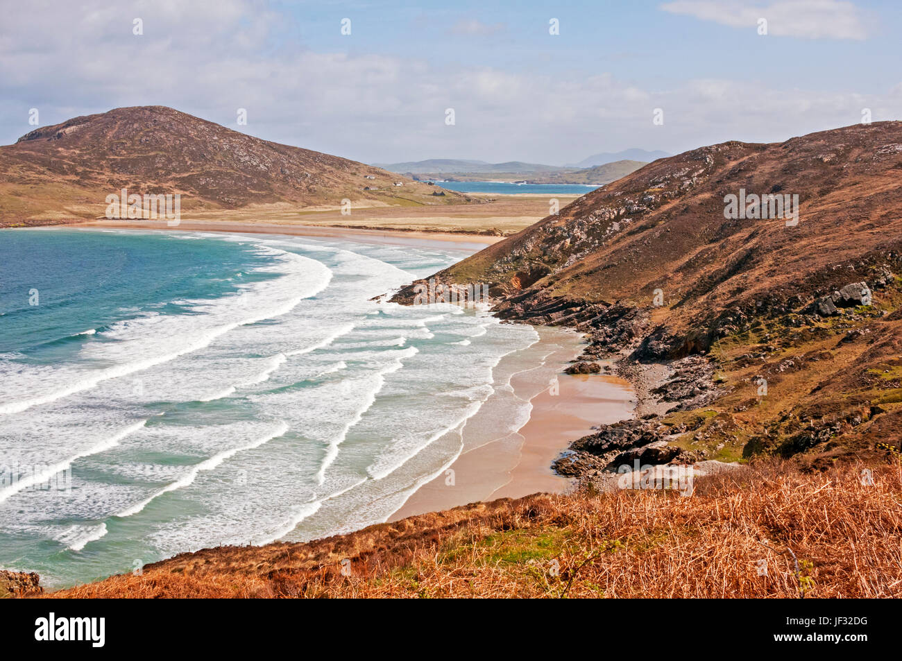 Blick auf Berge und Strand, Rosguill Halbinsel, County Donegal, Irland Stockfoto
