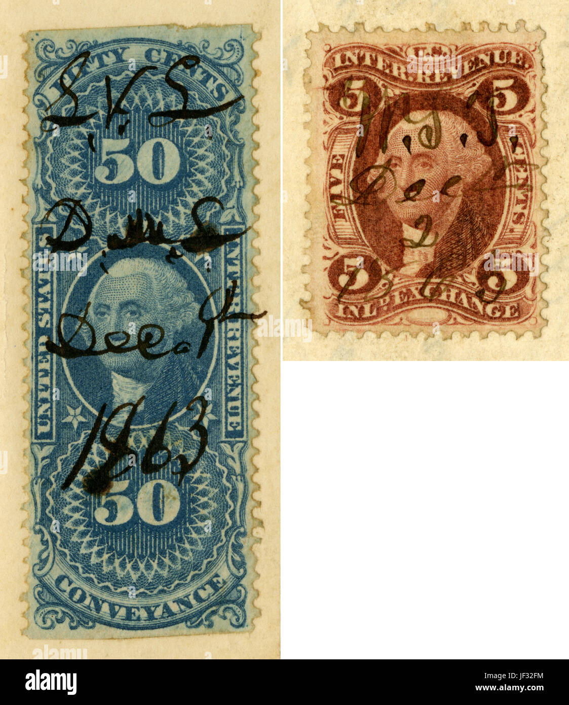 Antike Internal Revenue-Briefmarken, 1863 und 1865 abgebrochen. Stockfoto
