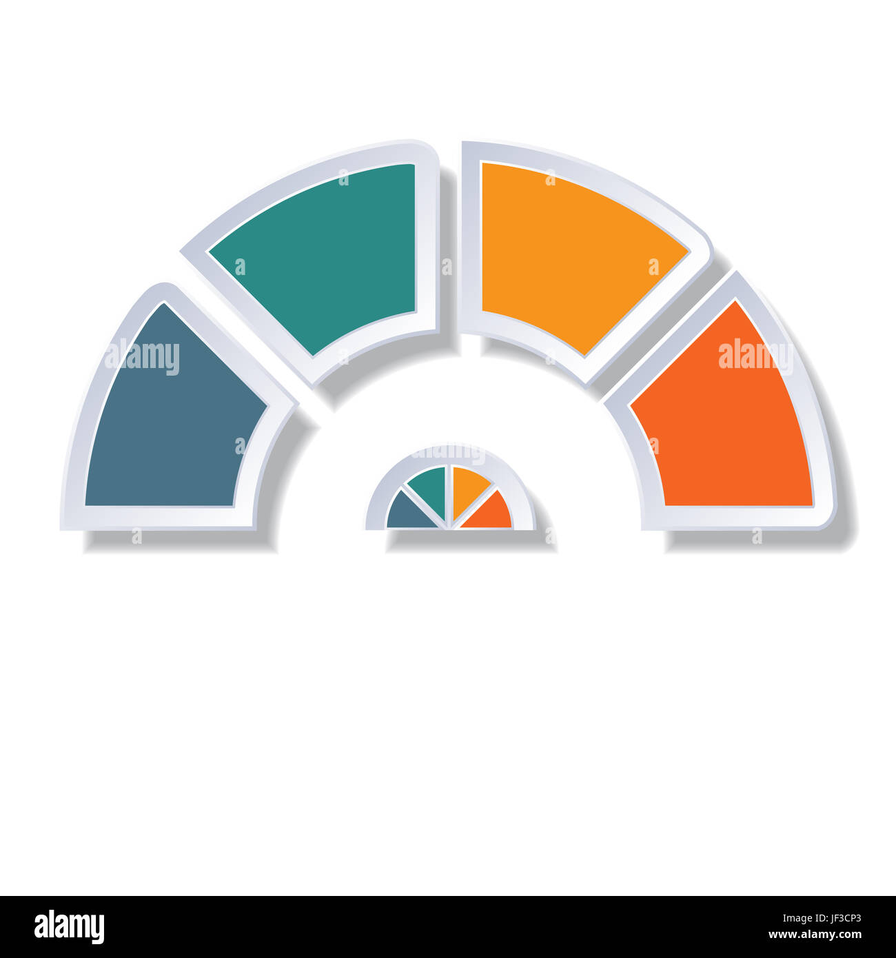 Vorlage-Infografik, Halbkreis Diagramm mit 4 bunten Elementen um Zentrum Stockfoto