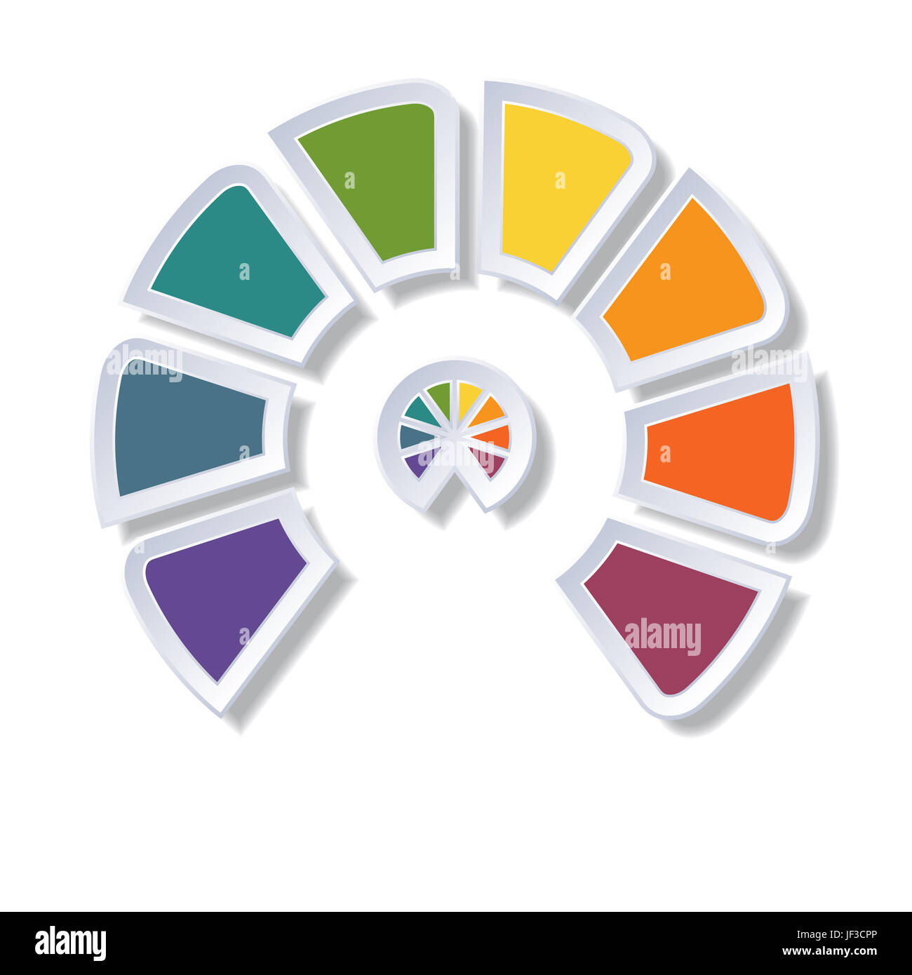 Vorlage-Infografik, Halbkreis Diagramm mit 8 bunten Elementen um Zentrum Stockfoto