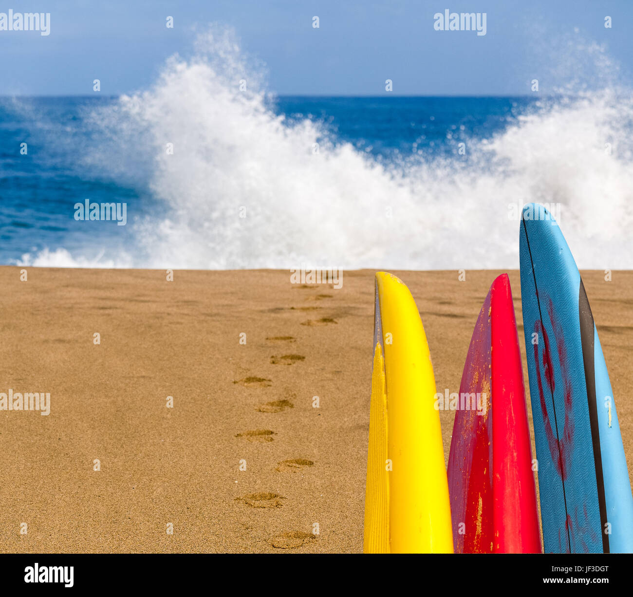Sandstrand mit Surfboards zu Wasser Stockfoto