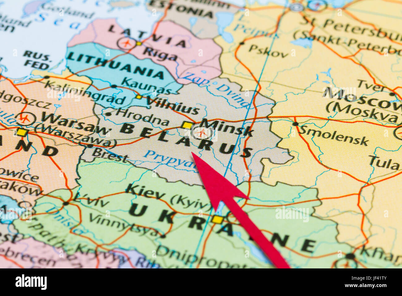 Foto von Belarus. Land mit roten Pfeil angezeigt. Land auf dem europäischen Kontinent. Stockfoto