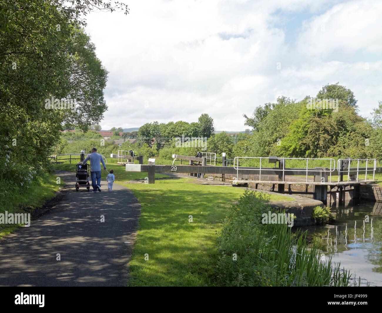 Forth und Clyde canal Glasgow Schottland Vater und Kinder Kinderwagen sonnigen Wandertag Stockfoto