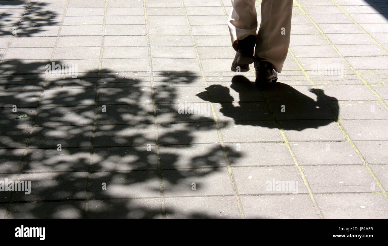 Beine und Schatten von einem älteren Mann zu Fuß und Baumwipfel auf dem Bürgersteig Stadt im Frühjahr Stockfoto