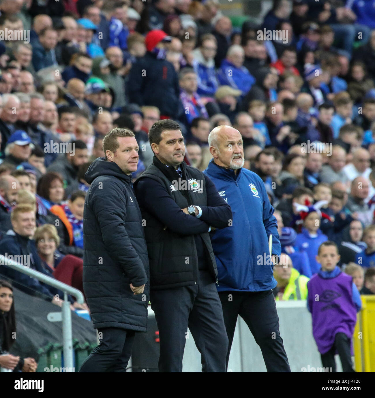 Windsor Park, Belfast, Nordirland. 28. Juni 2017. Linfield (blau) 1 La Fiorita (gelb) 0.  Linfield'manger David Healy und sein Management-Team blicken auf. Kredit David Hunter/Alamy Live-Nachrichten. Stockfoto