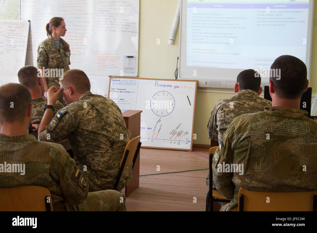 Ukrainische Stabsoffizier präsentiert ihre Portion kurz beim Unterricht Training im Yavoriv combat Trainingscenter am 30. Mai 2017 Missionsanalyse ukrainischen CTC-Personal und Mentoren zugewiesen, gemeinsame multinationale Ausbildung Gruppe und der Ukraine ihre Leistung zu bewerten.    USA, Großbritannien, polnischen, litauischen und kanadischen Mentoren führen Klassenzimmer Ausbildung des Personals im Rahmen der JMTG-U allgemeine Aufgabe der Professionalisierung und bauen die Ausbildungskapazitäten der ukrainischen Armee. Stockfoto