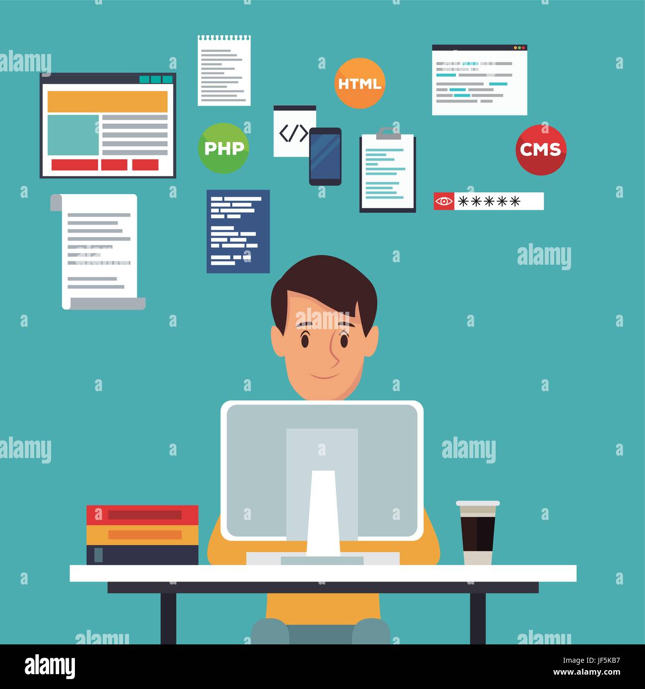 Farbe Szene Hintergrund Vorderansicht Web Entwickler Mann in der Rezeption Programmiersprache Stock Vektor