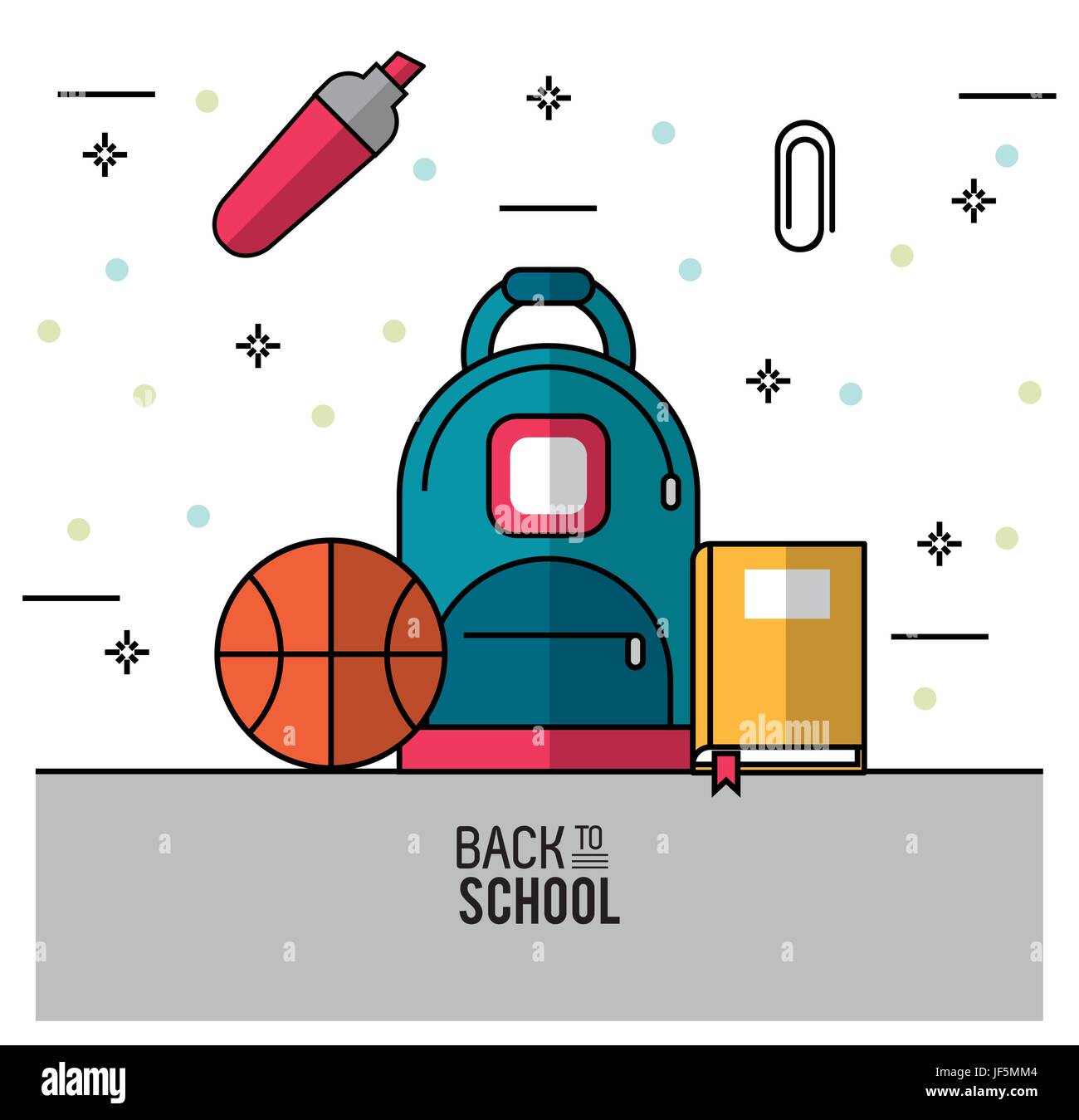 Farbe-Plakat von Back to School mit Rucksack in Nahaufnahme und Basketball Ball Buch und Büroklammer und marker Stock Vektor