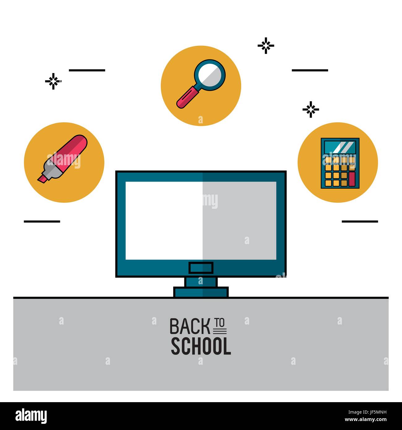 Farbe-Plakat von zurück zu Schule mit Computer in Nahaufnahme und Marker  und Lupe und Rechner im runden Rahmen an der Spitze Stock-Vektorgrafik -  Alamy