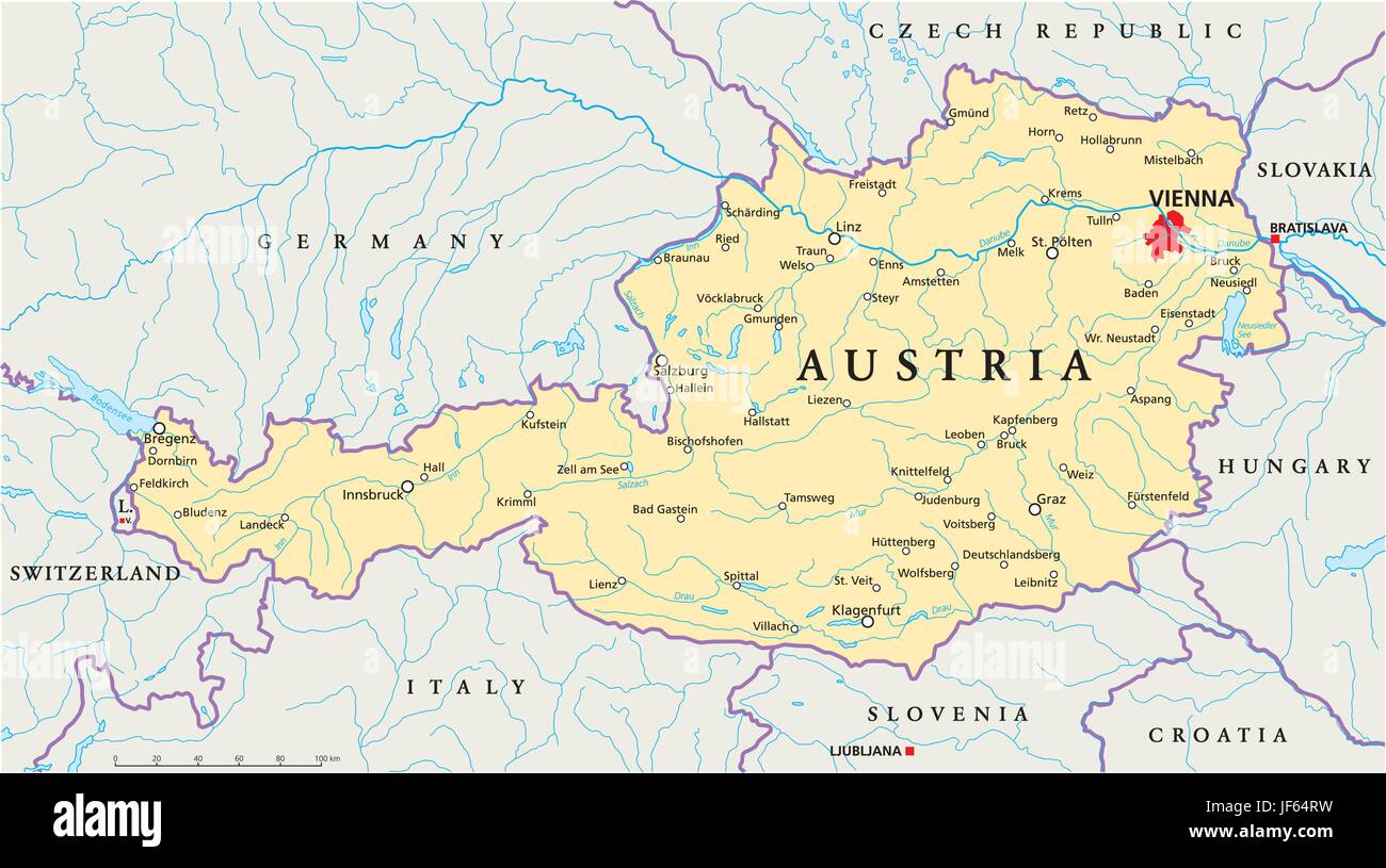 Wien, Österreich, Donau, Karte, Atlas, Karte der Welt, Reisen, Slowakei, Alpen, Stock Vektor
