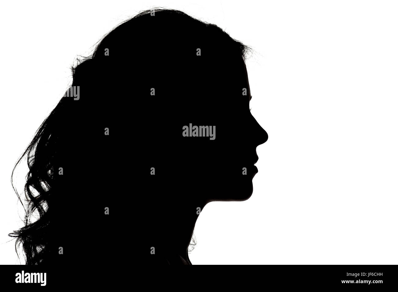 Profil-Silhouette einer Frau auf weißem Hintergrund Stockfoto