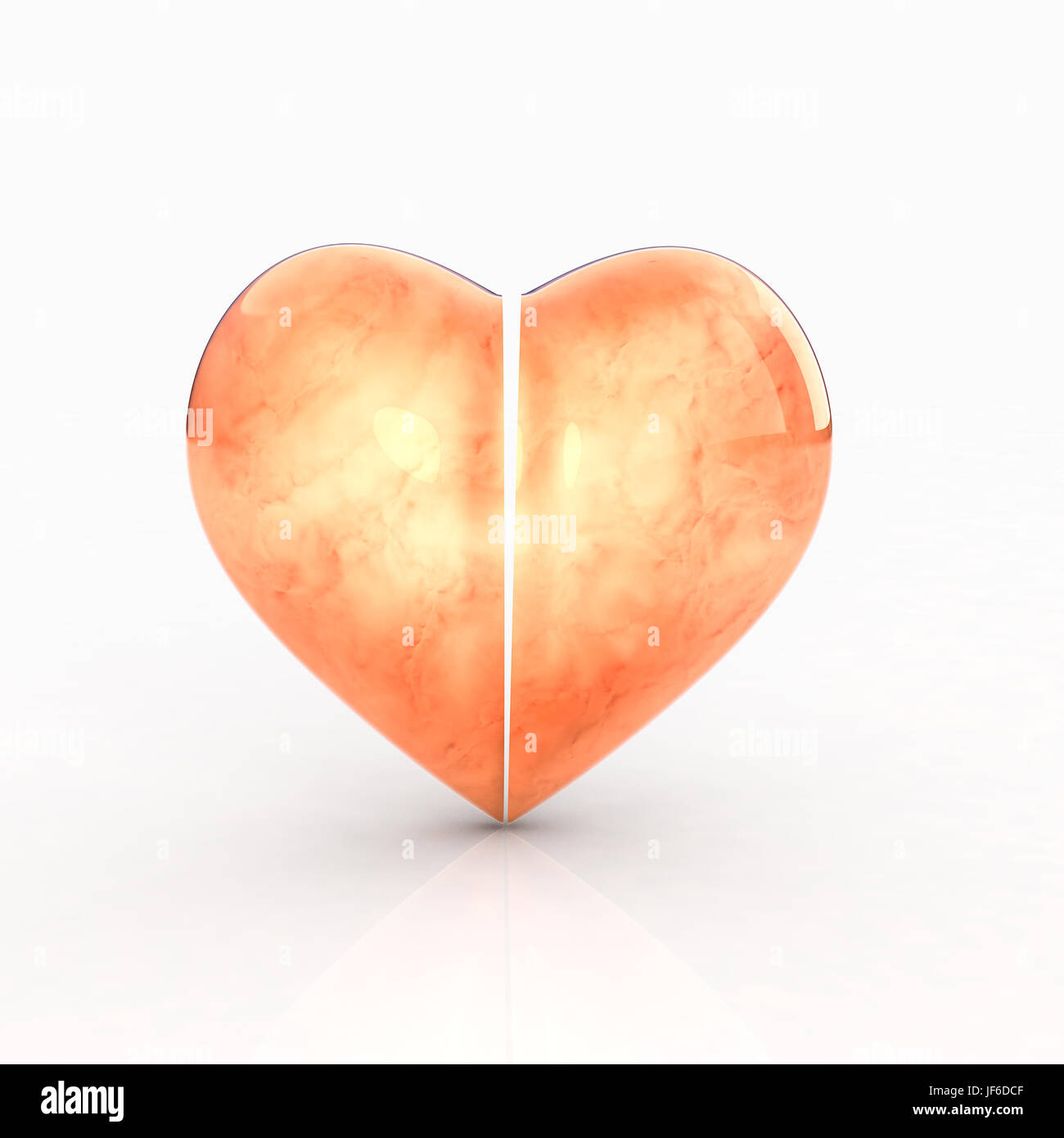 von der Mitte gespalten, Marmor in Feuer Farbe helles Licht, 3D Herz auf weißem Hintergrund Stockfoto