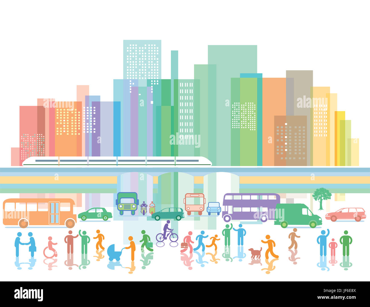 Große Stadt mit Menschen- und Straßenverkehr Stockfoto
