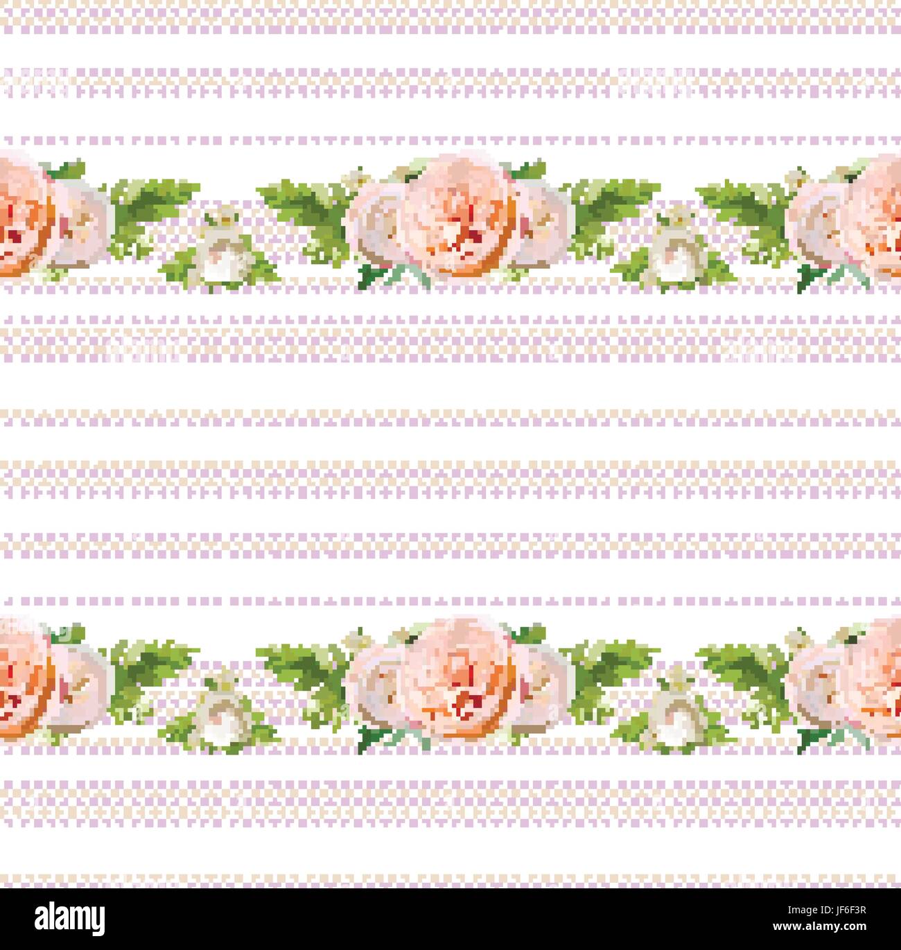 Vektor-blumigen Sommer nahtlose Musterdesign: Blumensträuße von rosa weiße rose grüne Kräuter aus dem Garten Blumen Saisonpflanzen Farn grün auf Polka Dot Backgr Stock Vektor
