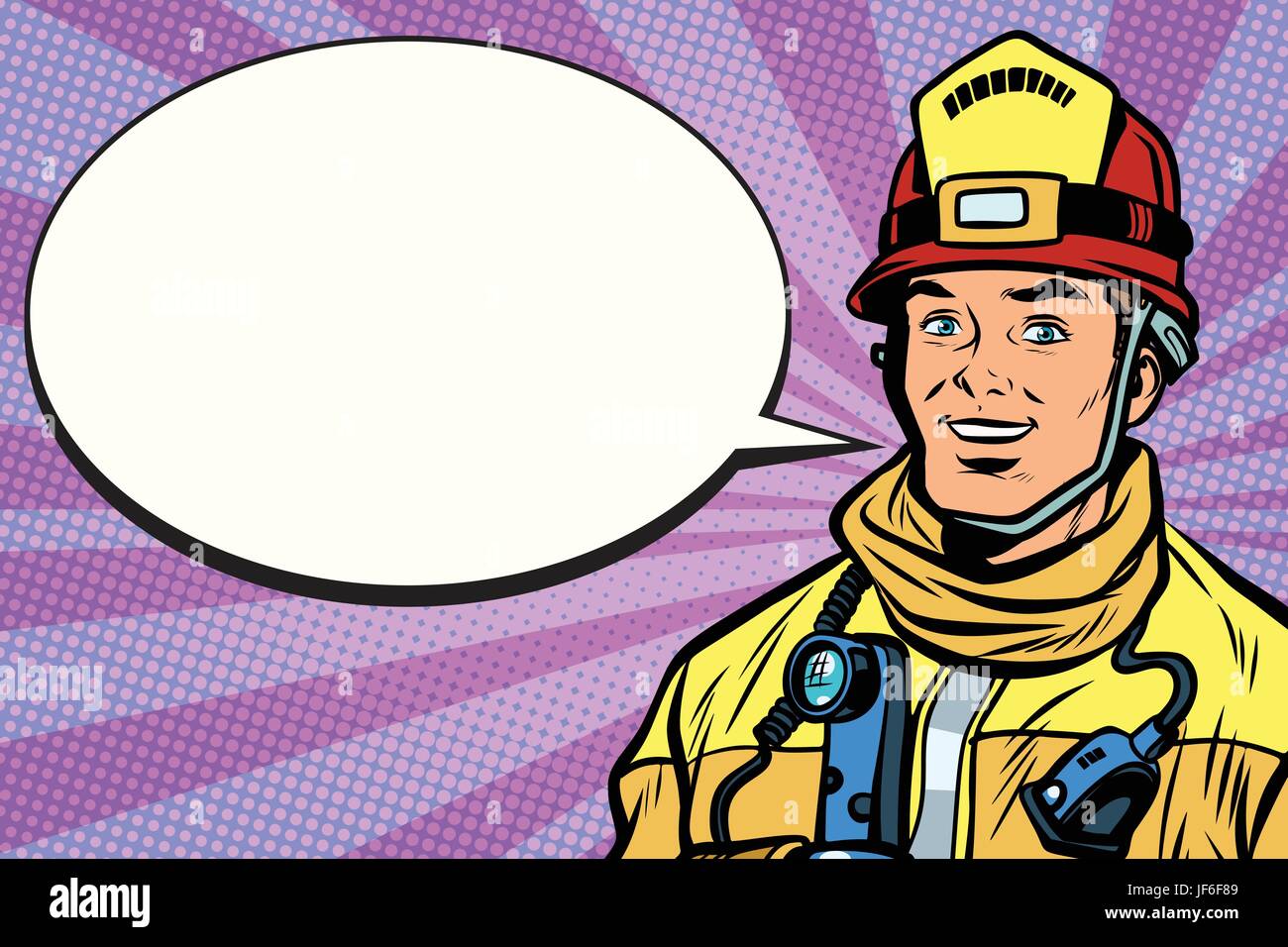 Porträt von lächelnden Feuerwehrmann, Comic-Buch-Blase Stock Vektor