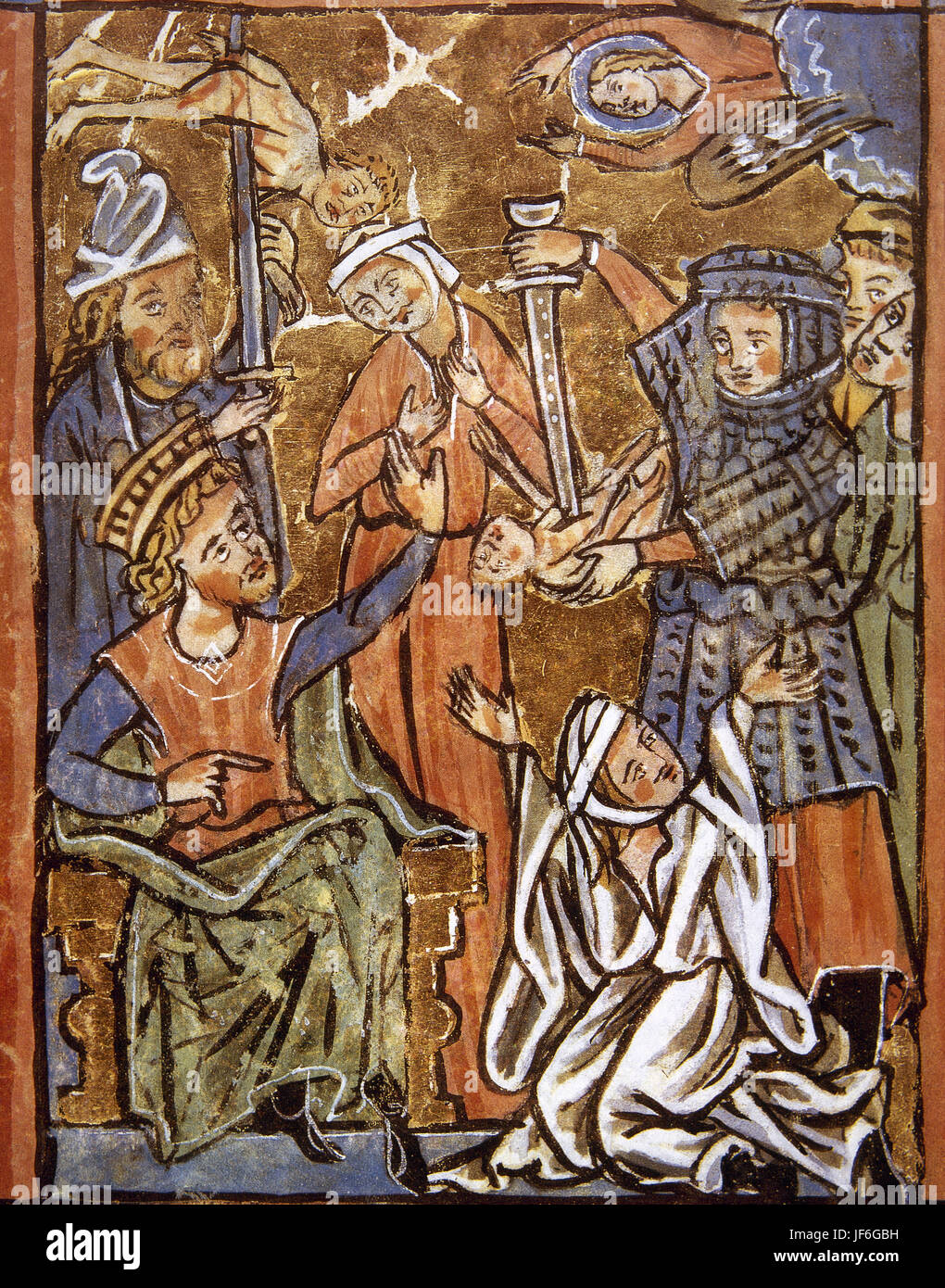 Wenn Massaker der unschuldigen. Herodes der große Sitiing auf dem Thron. Miniatur. Psalter, 15. Jahrhundert. Stockfoto
