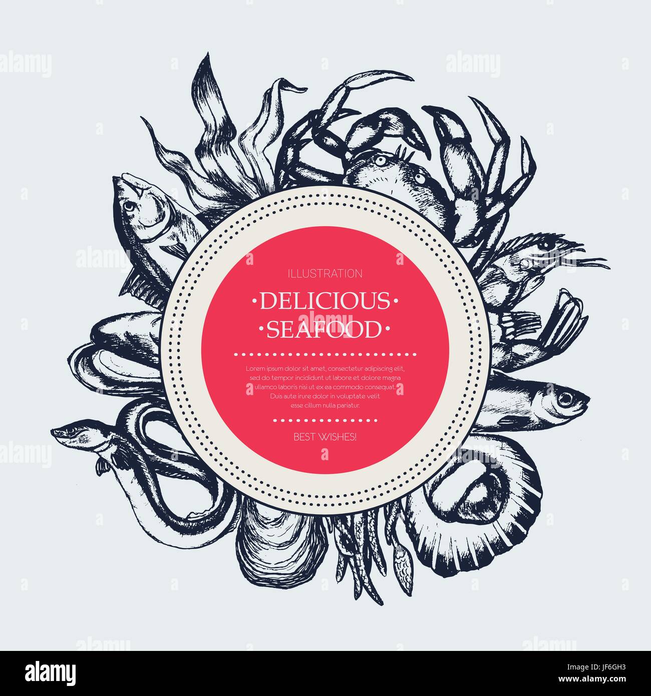 Köstliche Meeresfrüchte - moderne Vektor handgezeichnete Runde Banner Vorlage mit Textfreiraum. Realistische Alge, Algen, Tintenfisch, Krabben, Garnelen, Muschel, riesige scallo Stock Vektor