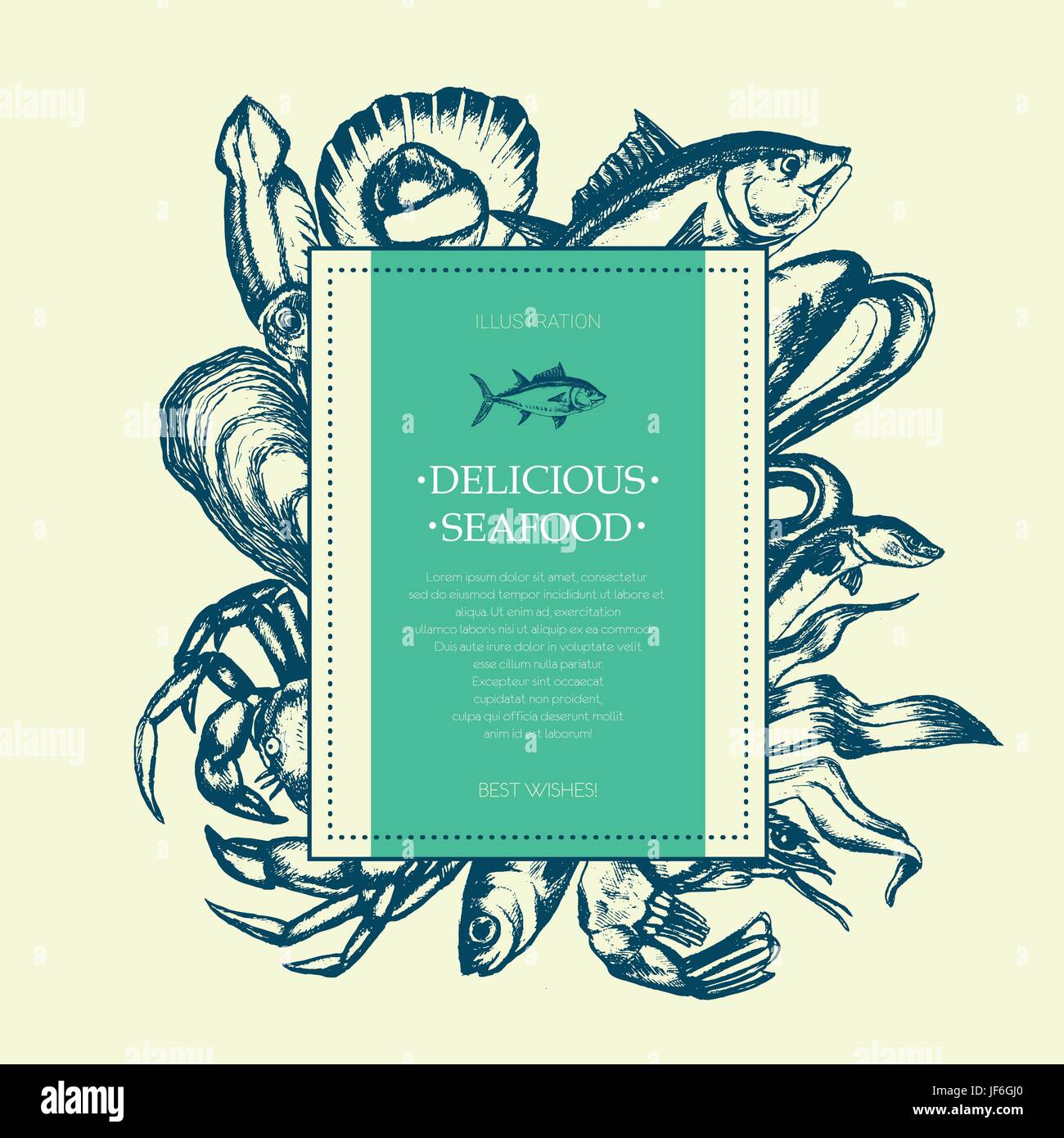 Köstliche Meeresfrüchte - moderne Vektor Hand gezeichnete quadratische Postkarte Vorlage mit Textfreiraum. Realistische Alge, Algen, Tintenfisch, Krabben, Garnelen, Muschel, riesige sca Stock Vektor