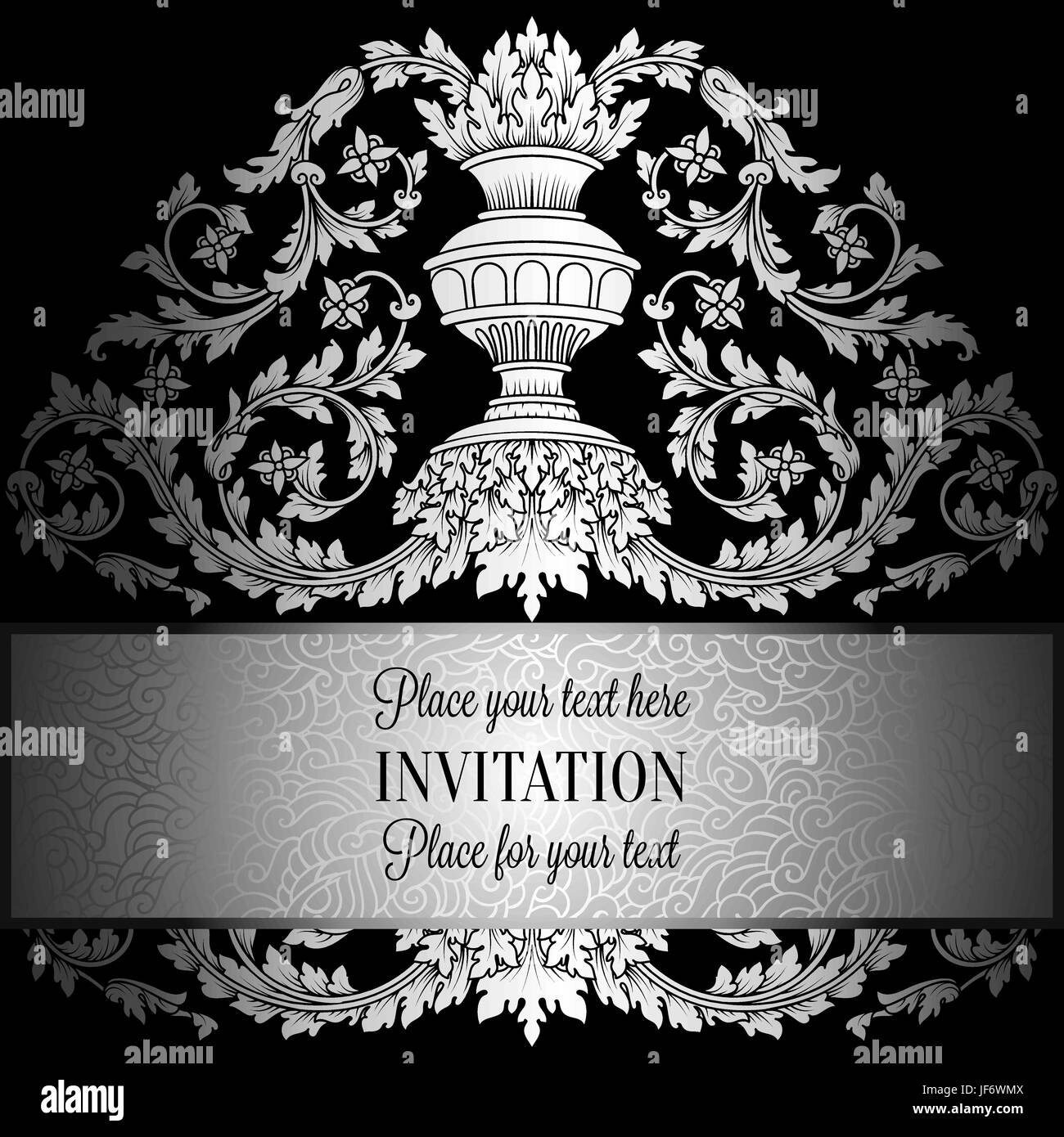 Viktorianische reichen Hintergrund mit Luxus schwarz und Silber Vintage-Rahmen, dekorative Banner, antik, royal gold Vase mit floralen Spitzen wirbelt, Einladung Stock Vektor