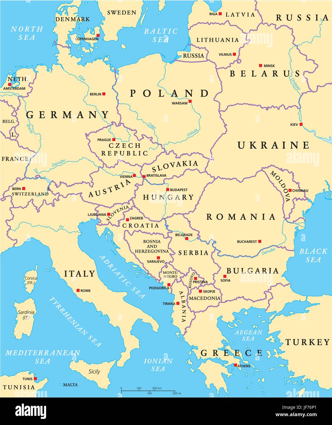 Europa, zentrales, zentrales Europa, Kontinent, Eurasien, Karte, Atlas, Karte von der Stock Vektor