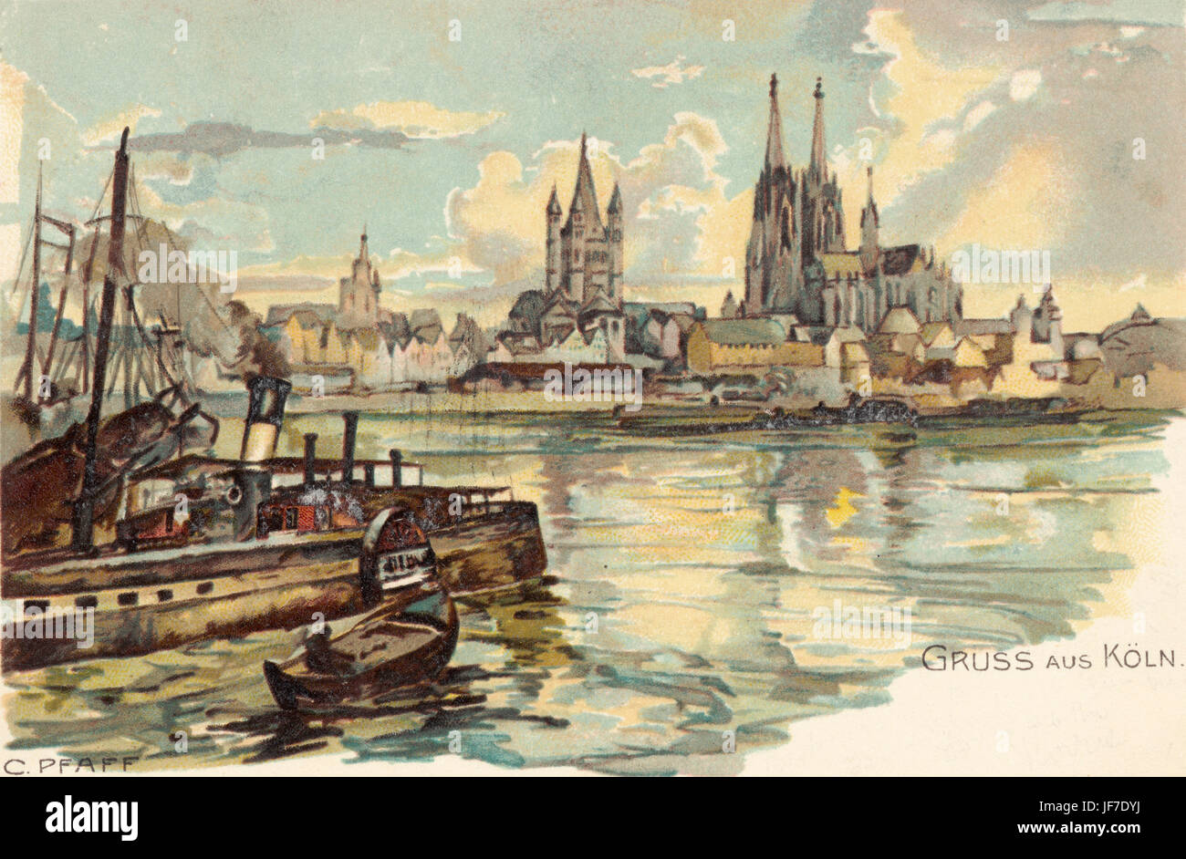 Köln (Köln) - Blick auf den Fluss Rhein und Kölner Dom (Dom) von C. Pfaff, c. 1899. Aquarell. Stockfoto