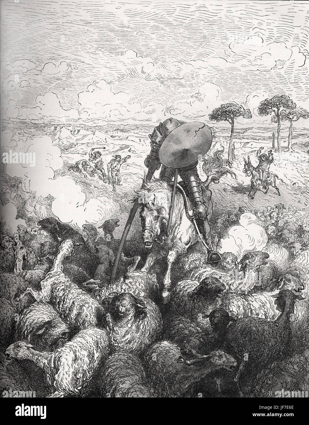 Die Geschichte des Don Quijote von Miguel de Cervantes, spanischer Autor geschrieben und illustriert von Gustav Dore 1863.   Beschriftung Abbildung des Don Quijote Schafherde anzugreifen "Er belastet das Geschwader von Schafen".  Veröffentlichten London, Cassell, Petter & Galpin. Zuerst veröffentlicht in Spanisch 1605. Cervantes: 1547-1616. Picaresque Abenteuer. Stockfoto