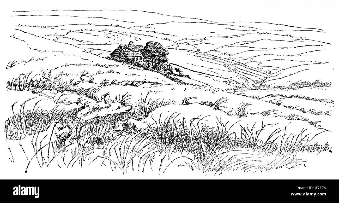 Wuthering Heights - die Landschaft gezeichnet von Percy Smith. Verwendet, um das Buch von Emily Bronte, englische Schriftsteller b. 30. Juli 1818 - 19. Dezember 1848 zu illustrieren. Zuerst veröffentlicht 1847. Stockfoto