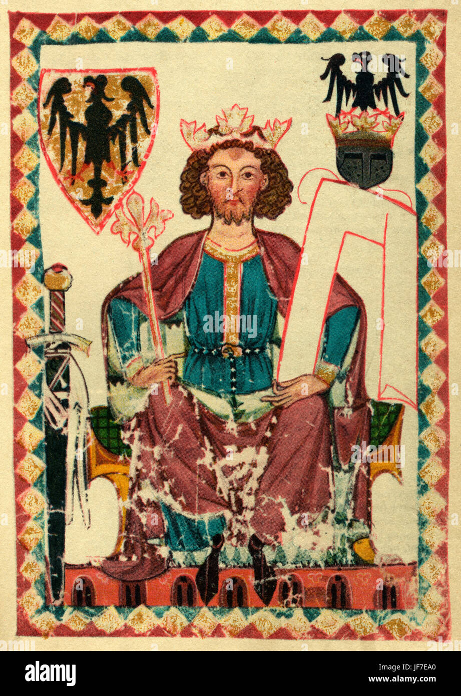 Henry VI Hohenstaufen (Nijmegen, 1165, Messina, 1197). Kaiser (1191-1197), Sohn von Friedrich I Barbarossa, König von Italien und Deutschland. Der Kaiser mit dem Wappen der Habsburgermonarchie. Fol. 6r. Codex Manesse (ca.1300) von Rüdiger Manesse und seinem Sohn Johannes. Universität Heidelberg. Bibliothek. Stockfoto