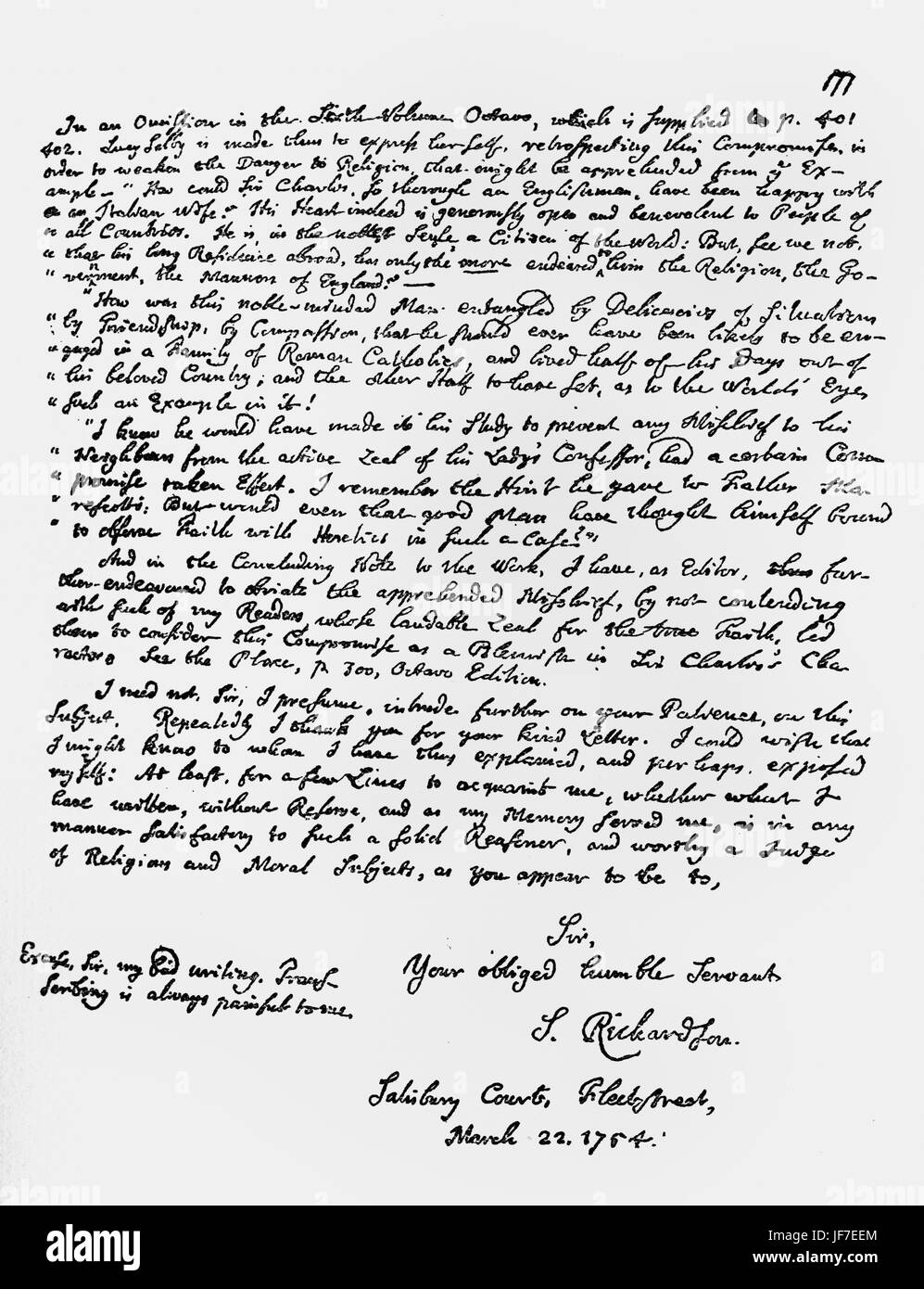 Samuel Richardson - Brief an Dr. Cox Macro in Antwort auf seine Kritik an "Sir Charles Grandison". (Briefroman von Richardson)  Letzte Seite.    22. März 1764.   SR: Englische Schriftsteller: 19. August 1689 – 4. Juli 1761. CM: Antiquar und anglikanische Geistliche, 1683-1767. Stockfoto