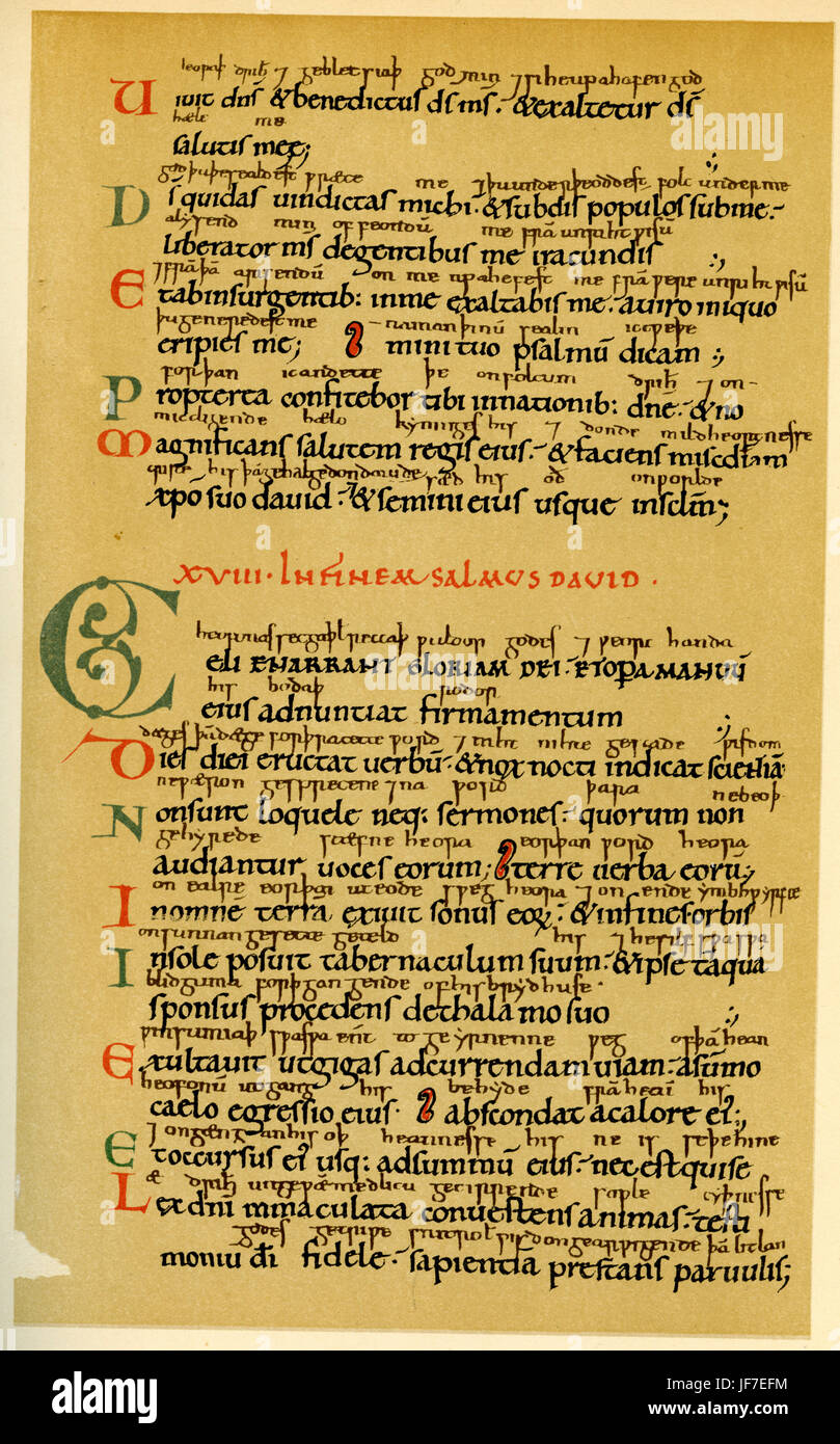 Anglo - Saxon Glanz (Randnotizen). Karolingischen / Caroline winziger Handschrift.  Aus Teil eins des Manuskripts "Arundel" (3. Viertel des 11. Jahrhunderts, wahrscheinlich nach 1073) im British Museum. Stockfoto